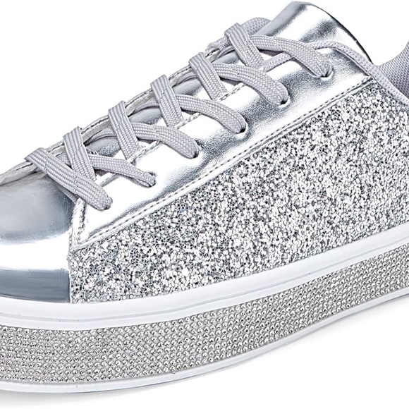 Silver Glitter Sneakers Women’s Sparkly Rhinestone Tennis Shoes 7 New - Picture 5 of 5
